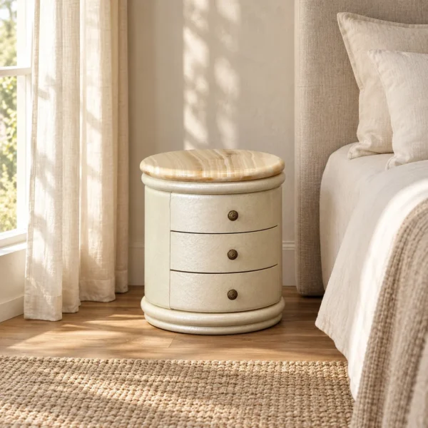 Striped White Jade Top Nightstand in Mother-of-Pearl Lacquer — in a room setting