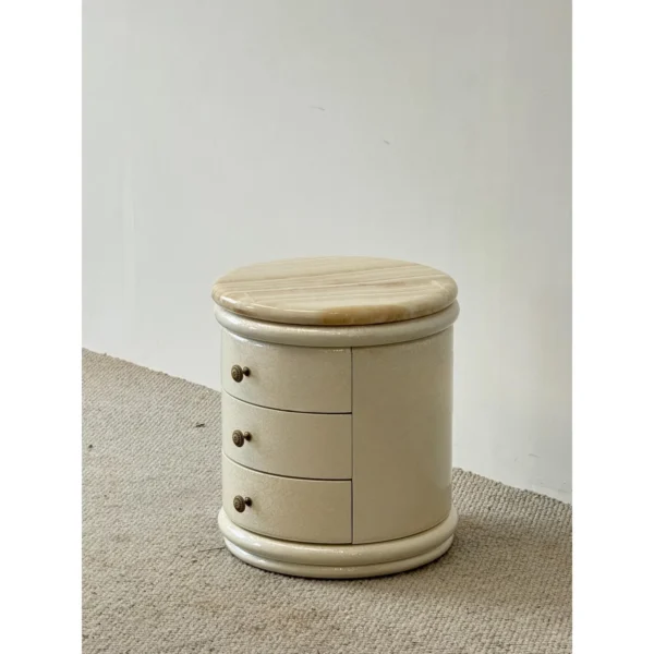 Striped White Jade Top Nightstand in Mother-of-Pearl Lacquer — in a room setting
