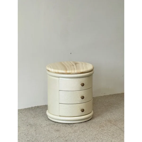 Striped White Jade Top Nightstand in Mother-of-Pearl Lacquer — in a room setting