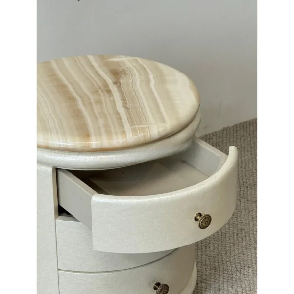 Striped White Jade Top Nightstand in Mother-of-Pearl Lacquer — in a room setting