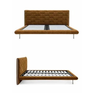 Low Woven-Headboard Bed with Metal Legs in mustard — front view