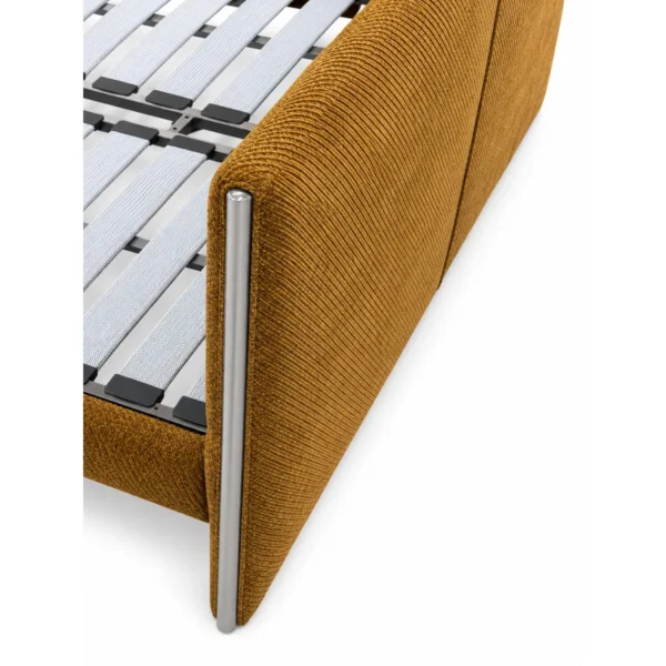 Low Woven-Headboard Bed with Metal Legs in mustard — in a room setting