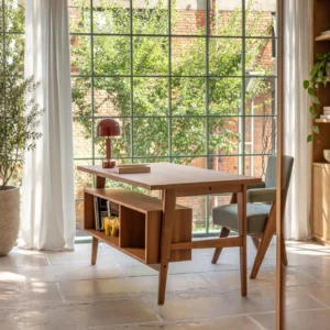 Solid Wood Writing Desk with Open Storage Cabinet in natural oak — front view