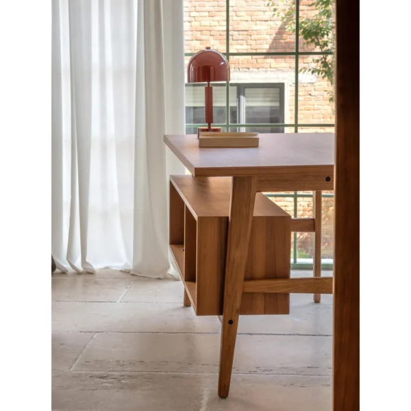 Solid Wood Writing Desk with Open Storage Cabinet in natural oak — in a room setting