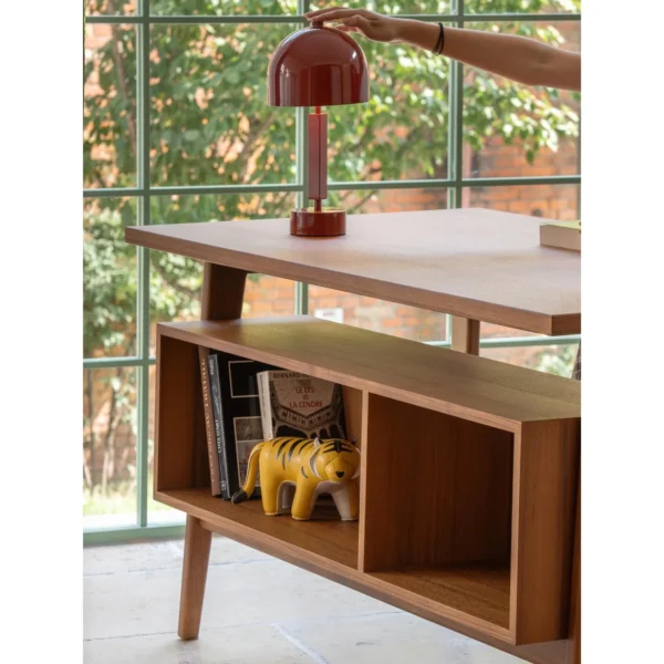 Solid Wood Writing Desk with Open Storage Cabinet in natural oak — in a room setting
