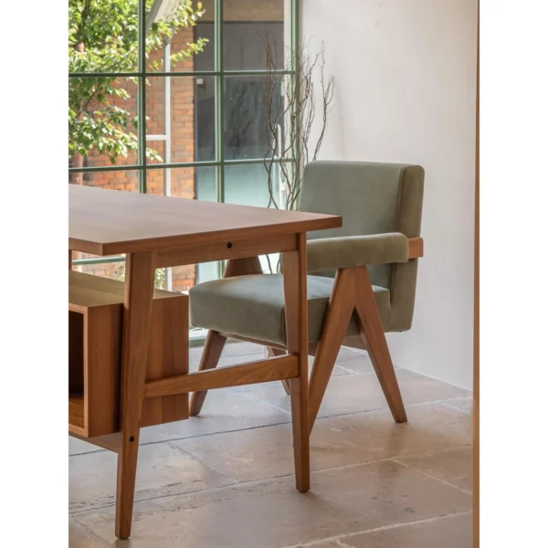 Solid Wood Writing Desk with Open Storage Cabinet in natural oak — in a room setting