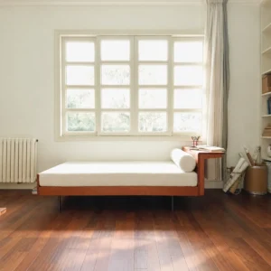 Study Daybed in White Teddy Fabric on Walnut Frame — front view