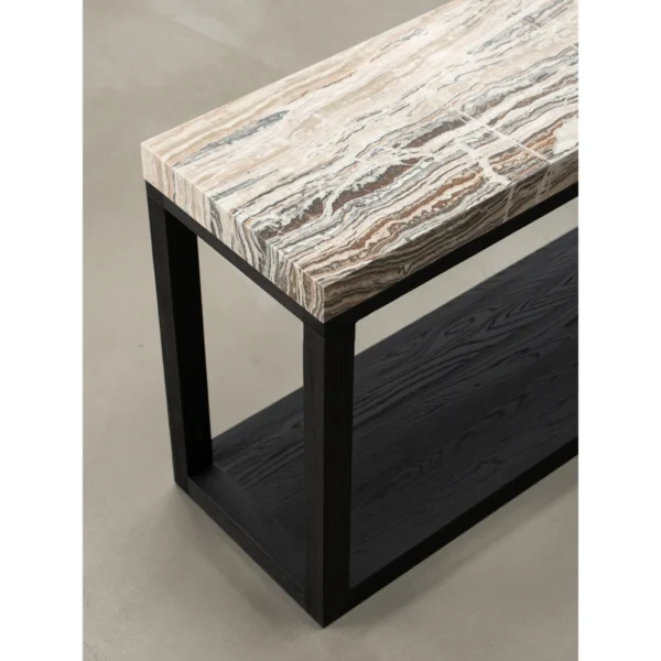 Sud Marble Console with Dark Wood Frame in black — in a room setting