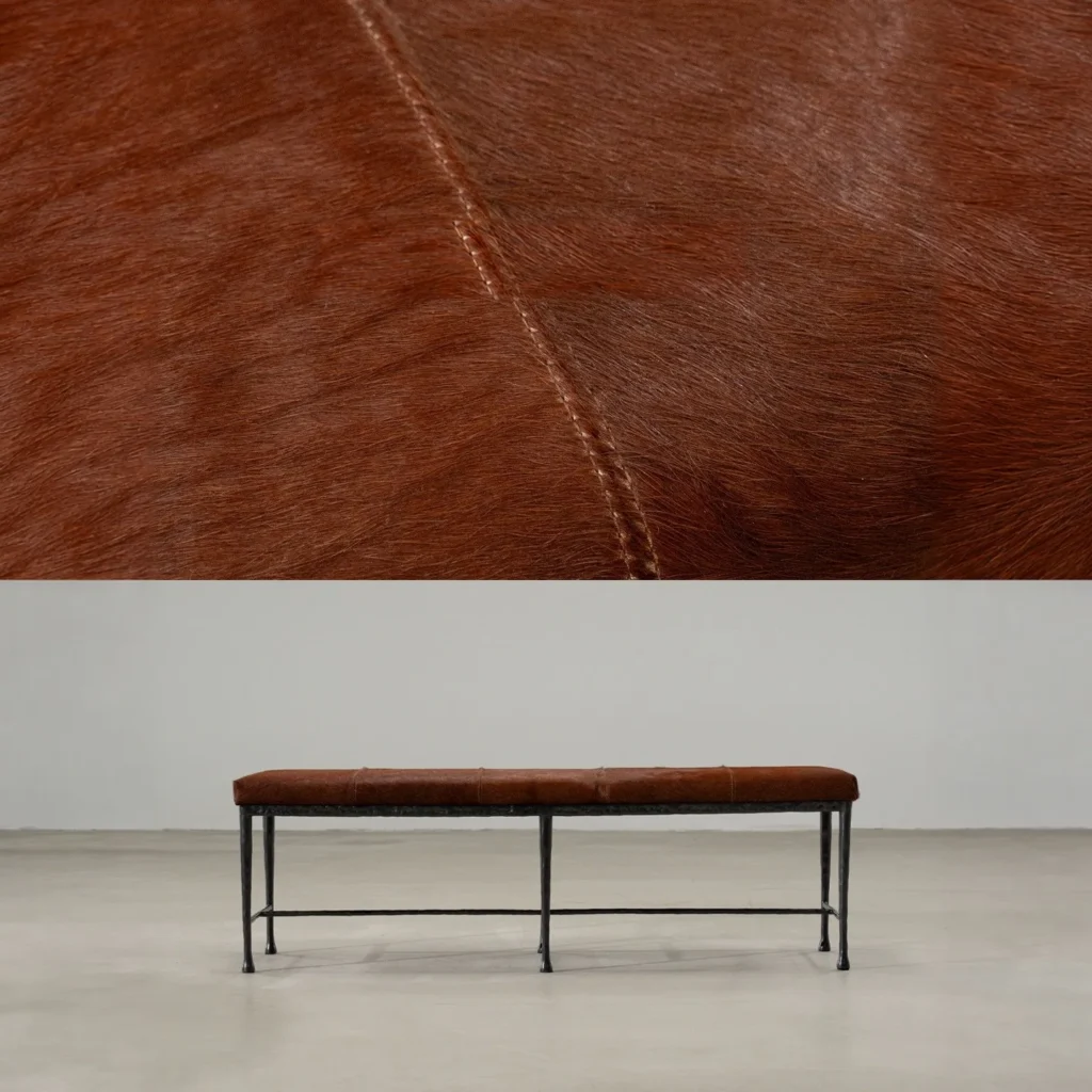 Sud Hair-on-Hide Leather Bench with Forged Copper Legs in clay — front view