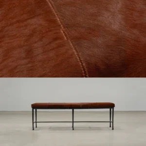 Sud Hair-on-Hide Leather Bench with Forged Copper Legs in clay — front view