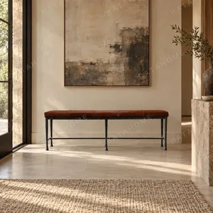 Sud Hair-on-Hide Leather Bench with Forged Copper Legs in clay — in a room setting