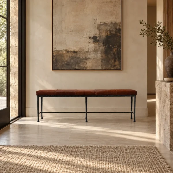 Sud Hair-on-Hide Leather Bench with Forged Copper Legs in clay — in a room setting