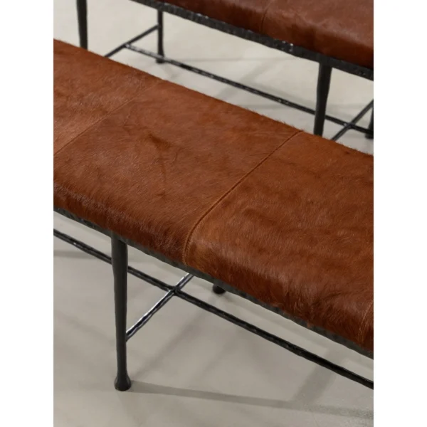 Sud Hair-on-Hide Leather Bench with Forged Copper Legs in clay — in a room setting