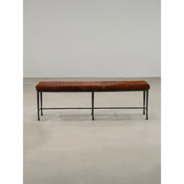 Sud Hair-on-Hide Leather Bench with Forged Copper Legs in clay — in a room setting