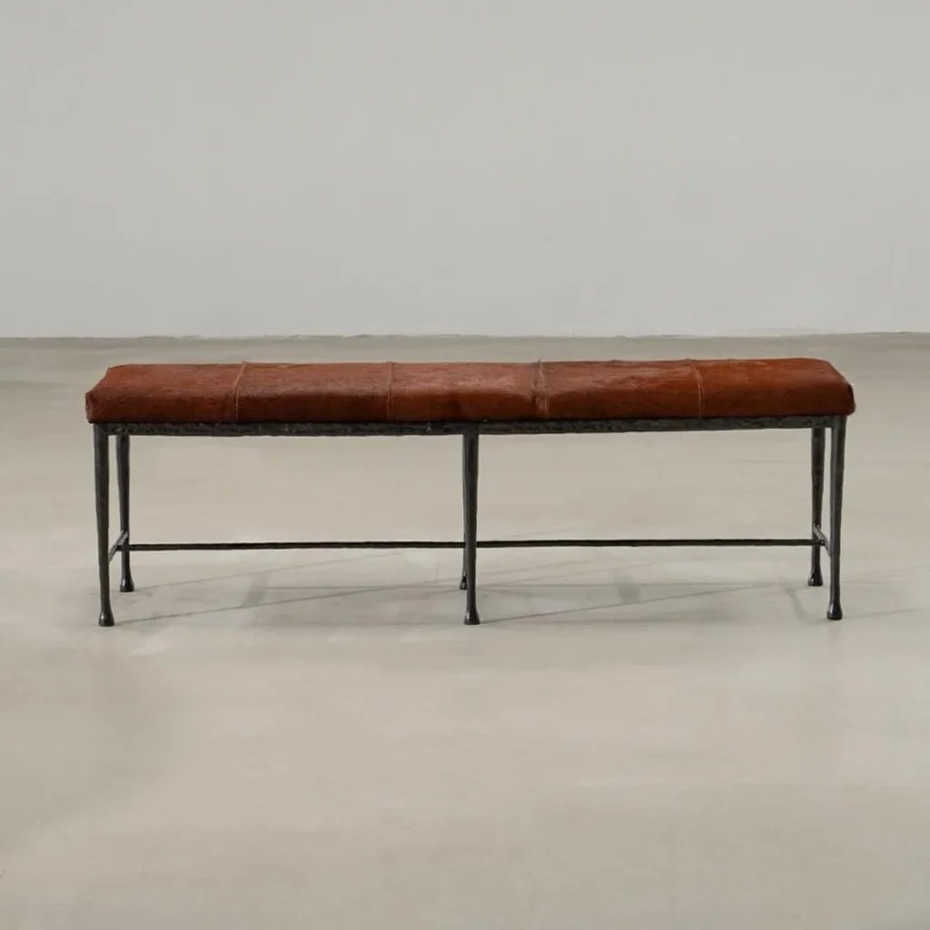 Sud Chestnut Hair-on-Hide Bench with Forged Iron Base in clay — front view