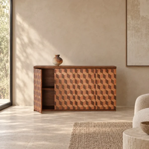 Suge Walnut Sideboard with Tumbling-Block Marquetry Doors in walnut — in a room setting