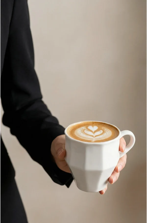 Artist Collaboration Faceted White Ceramic Coffee Mug in ivory — in a room setting