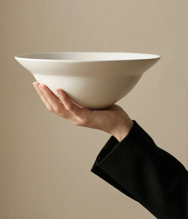 Artist Collaboration Plain White Porcelain Flared Bowls in ivory — in a room setting