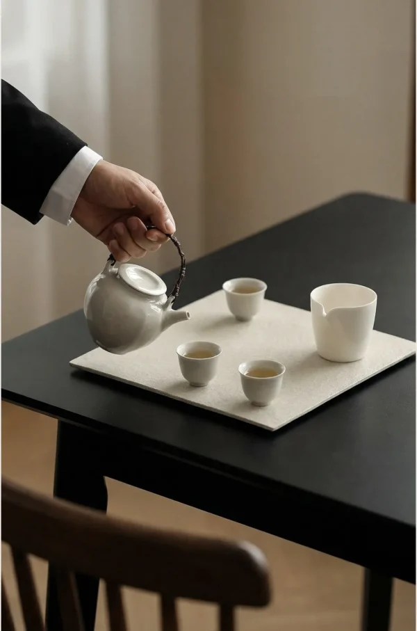 Artist Collaboration Square Stoneware Tea Tray, Small or in sand — in a room setting