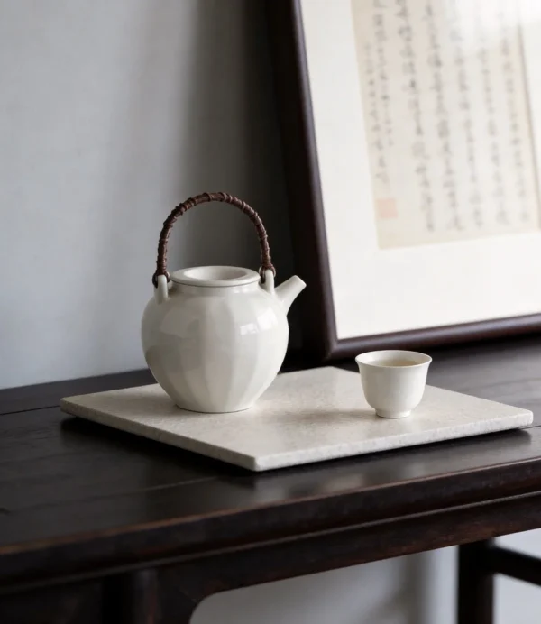 Artist Collaboration Square Stoneware Tea Tray, Small or in sand — in a room setting