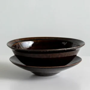 Artist Collaboration Soy-Brown Glaze Conical Bowl and in clay — front view