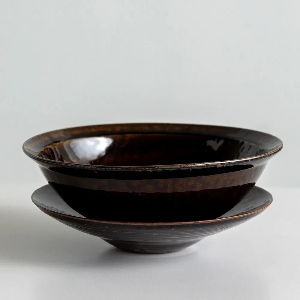 Artist Collaboration Soy-Brown Glaze Conical Bowl and in clay — front view