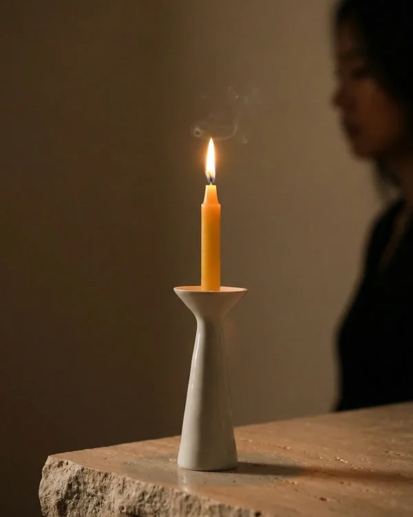 Artist Collaboration White Ceramic Candle Holder, Tapered in ivory — in a room setting