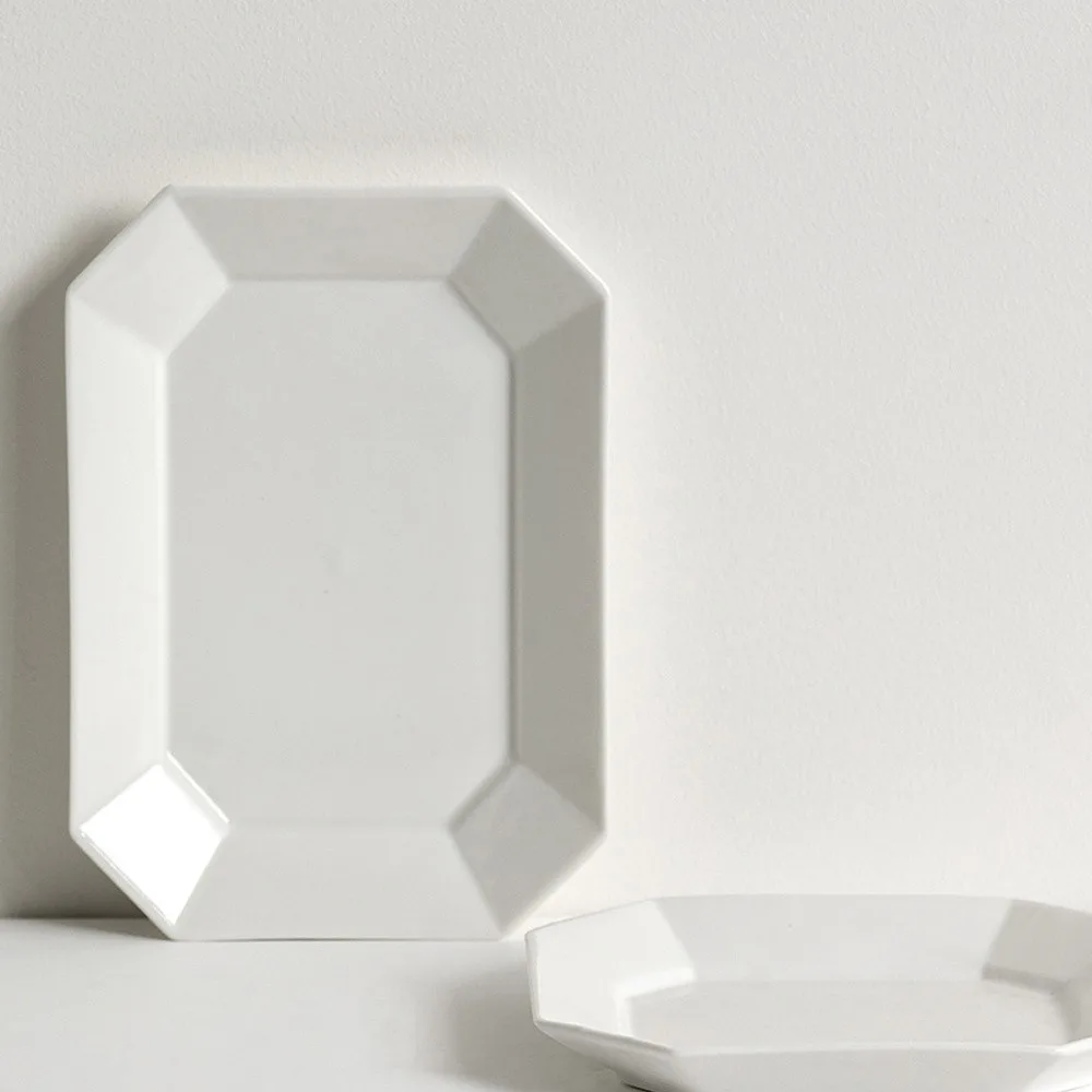 Artist-Collaboration White Porcelain Octagonal Plates in ivory — front view