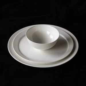 Artist Collaboration White Porcelain Flat Plates and Bowl in ivory — front view