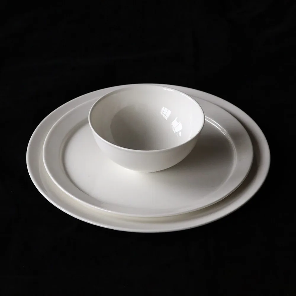 Artist Collaboration White Porcelain Flat Plates and Bowl in ivory — front view