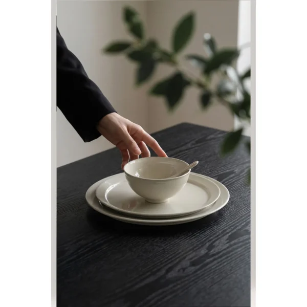 Artist Collaboration White Porcelain Flat Plates and Bowl in ivory — in a room setting