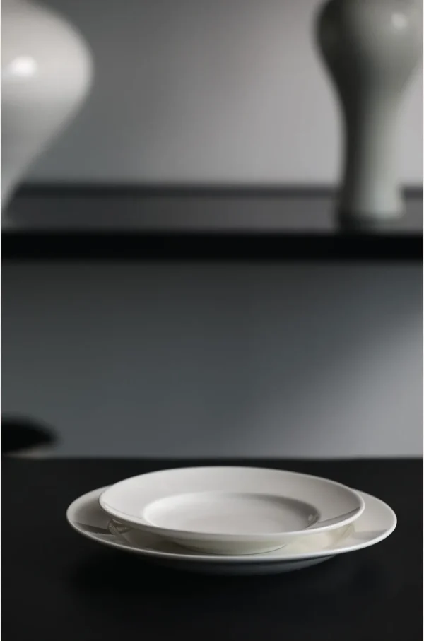 Artist Collaboration White Porcelain Rimmed Pasta Plates in ivory — in a room setting