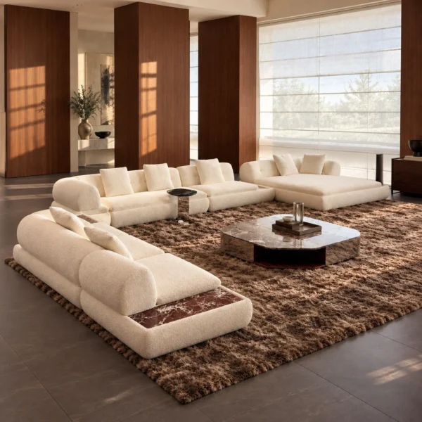 Crescent Curved Modular Sofa in oatmeal — in a room setting