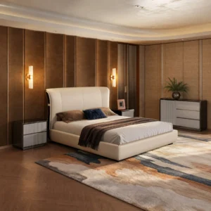 Liuying High-Gloss Ebony and Leather Bed in clay — front view