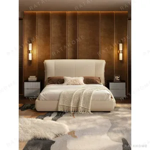 Liuying High-Gloss Ebony and Leather Bed in clay — in a room setting