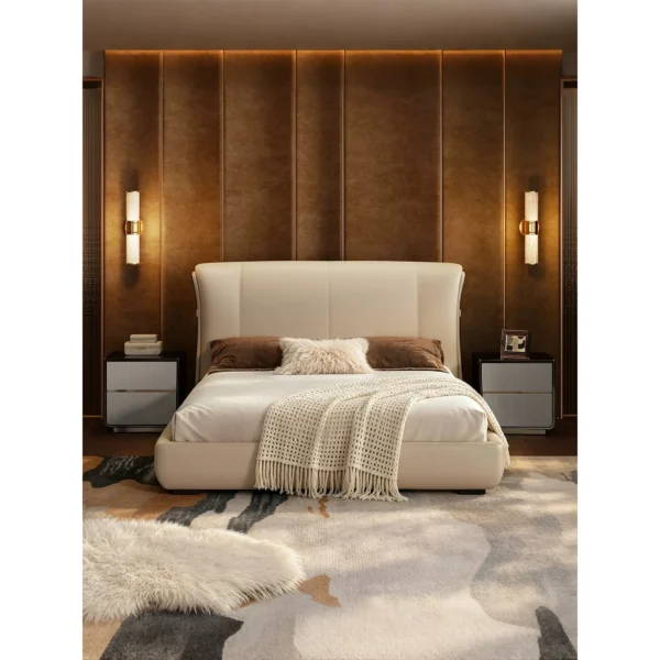 Liuying High-Gloss Ebony and Leather Bed in clay — in a room setting