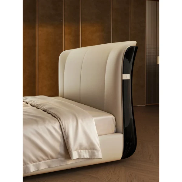 Liuying High-Gloss Ebony and Leather Bed in clay — in a room setting
