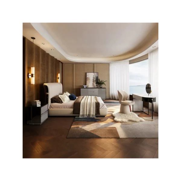 Liuying High-Gloss Ebony and Leather Bed in clay — in a room setting