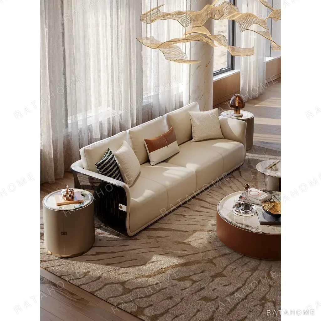 Ebony Streamline Sofa in oatmeal — in a room setting