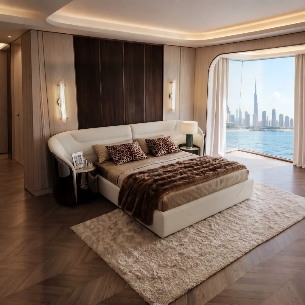 Yujing Curved Ebony Bed with Integrated Nightstands in clay — front view