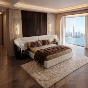 Yujing Curved Ebony Bed with Integrated Nightstands in clay — front view