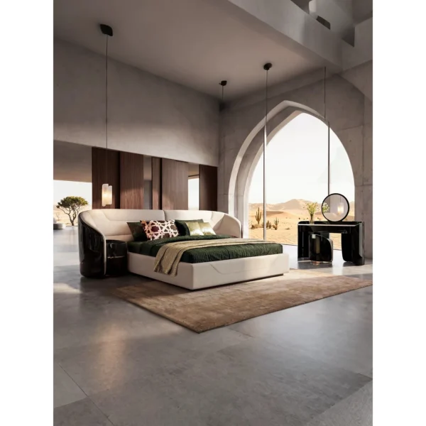 Yujing Curved Ebony Bed with Integrated Nightstands in clay — in a room setting