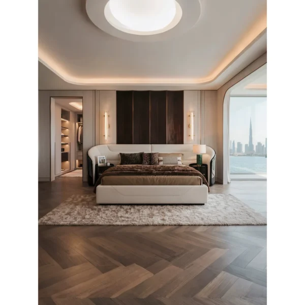Yujing Curved Ebony Bed with Integrated Nightstands in clay — in a room setting