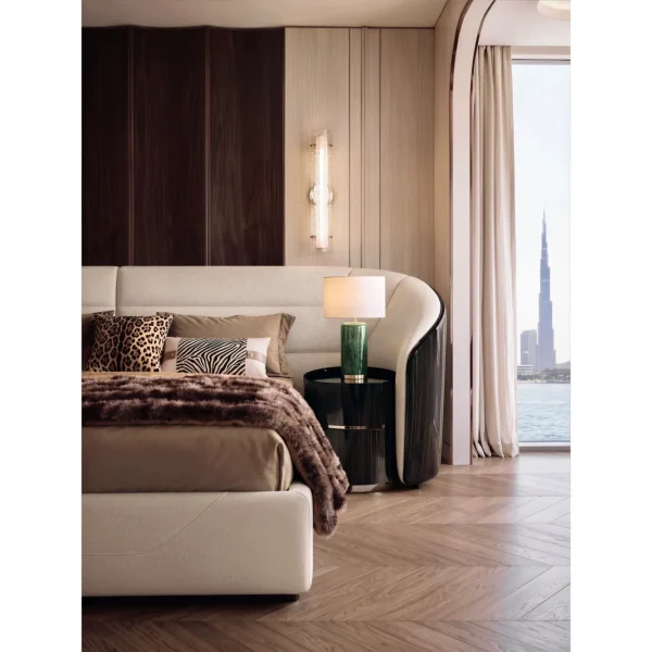 Yujing Curved Ebony Bed with Integrated Nightstands in clay — in a room setting