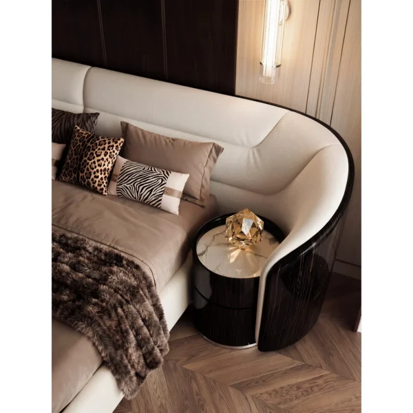 Yujing Curved Ebony Bed with Integrated Nightstands in clay — in a room setting