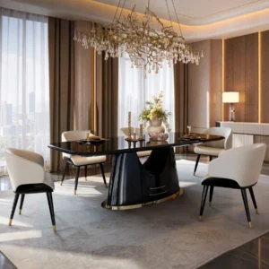 Yujing High-Gloss Ebony Dining Table with Champagne Trim in clay — front view