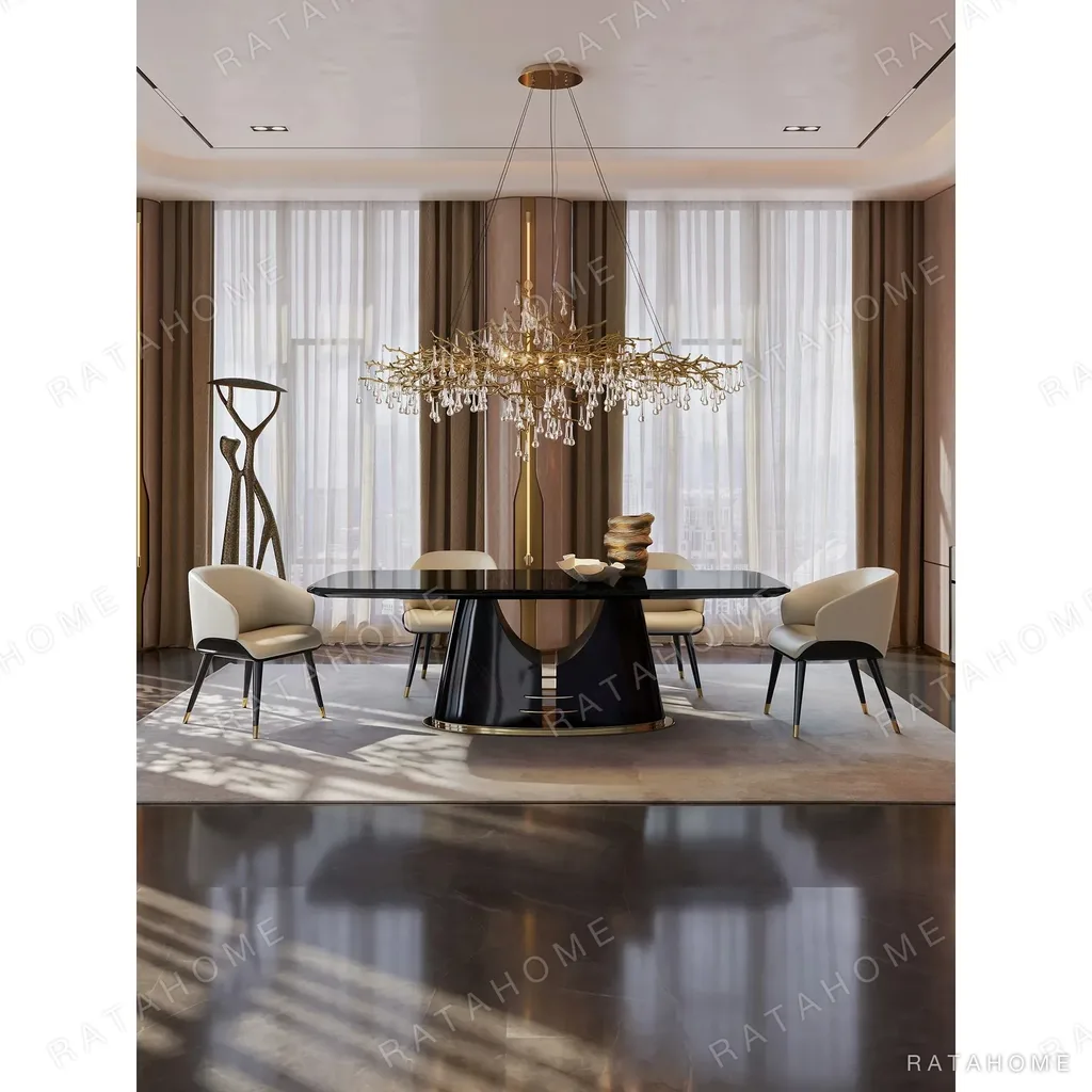 Yujing High-Gloss Ebony Dining Table with Champagne Trim in clay — in a room setting
