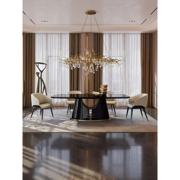 Yujing High-Gloss Ebony Dining Table with Champagne Trim in clay — in a room setting