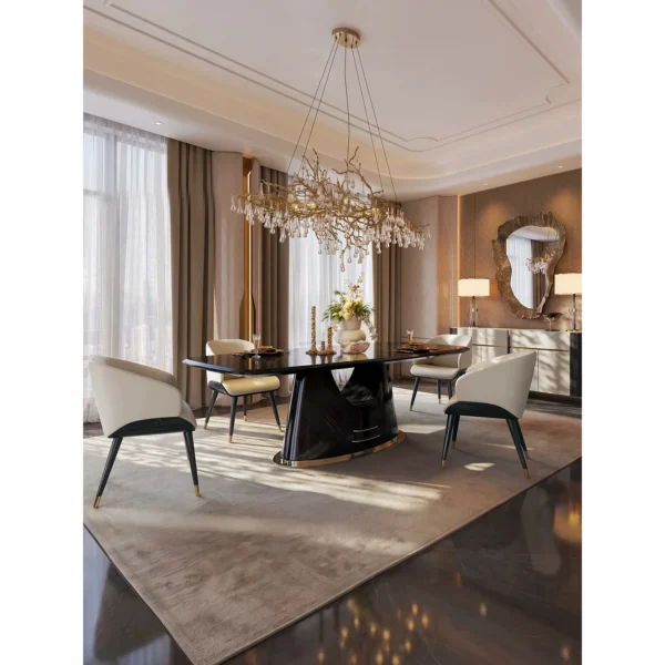 Yujing High-Gloss Ebony Dining Table with Champagne Trim in clay — in a room setting
