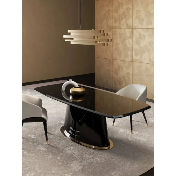 Yujing High-Gloss Ebony Dining Table with Champagne Trim in clay — in a room setting